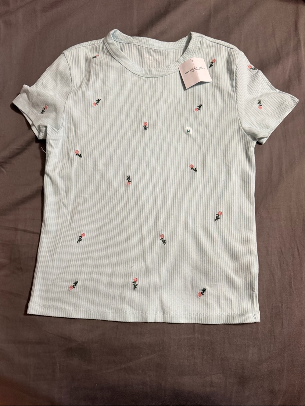 American Eagle Mint Green Baby Tee Medium NWT Embroidered Floral Top